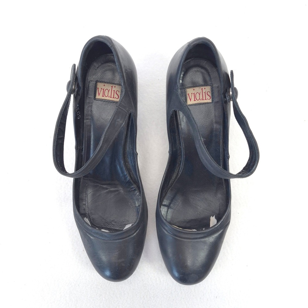 Vialis Black Leather Mary Jane Heels Buttoned Strap Round Toe Size 6 - Picture 5 of 12